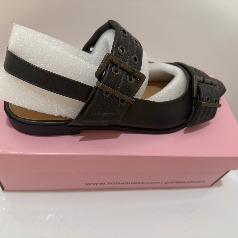 Soda Olive Green Buckle Slingback Flats